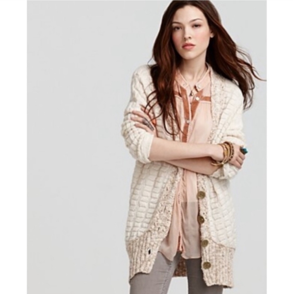 Free People Cream and Tan Cardigan